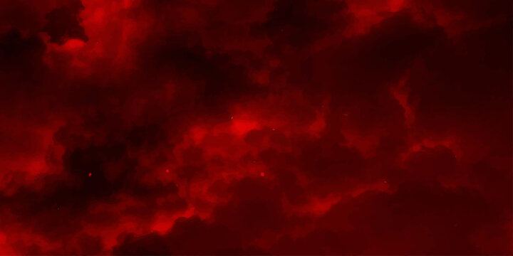 An abstract red fire and smoke background blends with a dramatic dark sunset sky where stormy clouds and black textures create a motion-filled atmosphere across the heavenly space