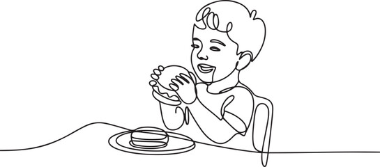 Single one line drawing young boy having hamburger meal with hands around table. Enjoy and happy lunch when hungry. Delicious fast food. one line Icon drawing