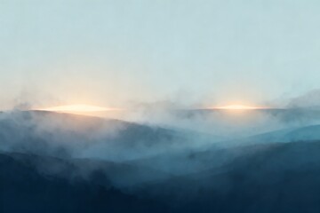 Obraz premium Surreal illustration of two glowing horizons merging through soft mist layers, creating calm cinematic depth and harmony.