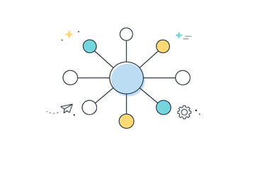 Calm network visuals. Central hub with evenly spaced connections, visual metaphor for stability, balance, and organized systems. Minimalist flat vector