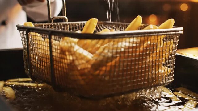 Golden french fries sizzling in hot oil in a deep fryer basket, close-up
