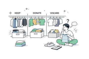 Naklejka premium Closet decluttering. Clothes separated into neat sections while a person reviews items thoughtfully. Editorial scene about mindful decisions