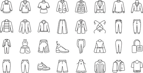 Collection of line art icons representing various clothing items and accessories for fashion design and style concepts © md