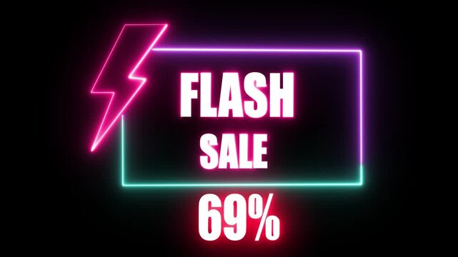 Neon Flash Sale 69 Percent Discount Animated Graphic with Lightning Bolt Icon and Pulsing Lights