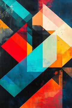 Abstract geometric art featuring vibrant colorful shapes and textured background creating a dynamic visual composition