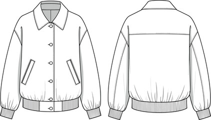 Blank oversized bomber jacket vector flat sketch template mockup front and back view fashion illustration technical drawing design tech pack © DALIARA 