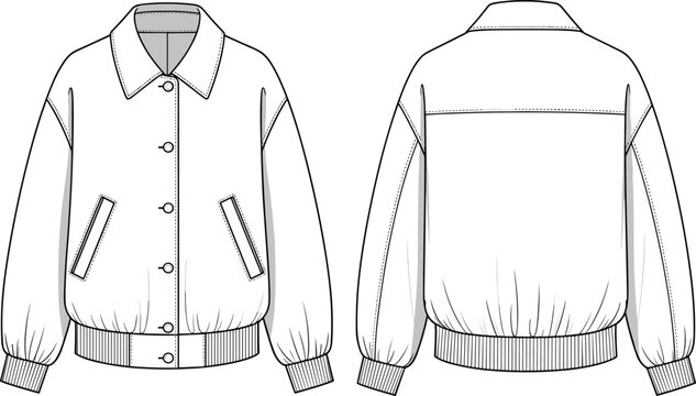 Blank oversized bomber jacket vector flat sketch template mockup front and back view fashion illustration technical drawing design tech pack