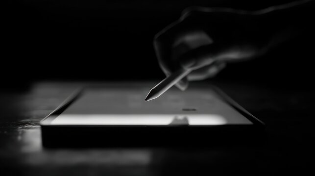 Hand using stylus on tablet screen in dramatic black and white