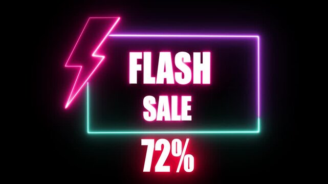 Neon Flash Sale 72 Percent Discount Announcement with Lightning Bolt Icon Animated Sale Promotion
