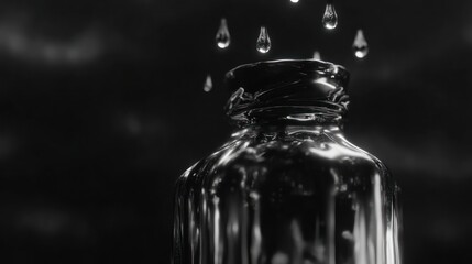 Black and white bottle with water droplets above against dark background
