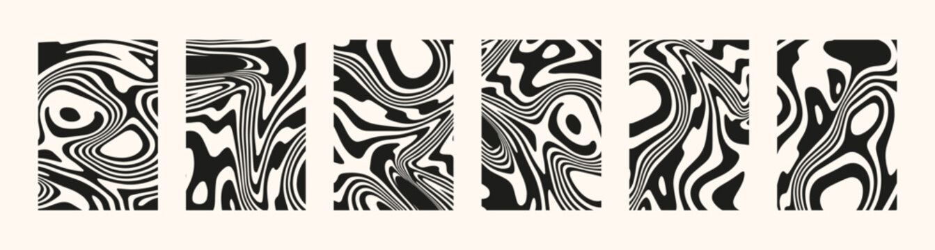 Psychedelic swirl backgrounds. Vector retro wave groovy trippy wall art set. Black twisted geometric monochromatic neutral marble liquid backdrops. Vintage twirl bg. Psy trance culture flyers, posters