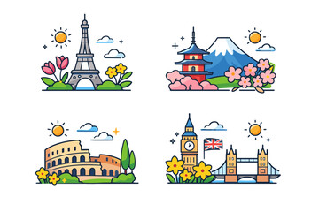 Naklejka premium Spring travel destinations iconic landmarks surrounded by blooming nature and soft sunshine, conveying the excitement of seasonal trips and fresh discoveries.