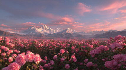 Expansive field of pink roses in full bloom with majestic snow-capped mountains and colorful sky at sunset, creating a stunning natural landscape