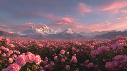 Fotobehang Lavendelkleur Expansive field of pink roses in full bloom with majestic snow-capped mountains and colorful sky at sunset, creating a stunning natural landscape  © standret