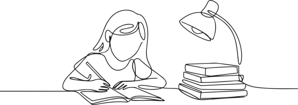 Continuous one line drawing girl studying on table with study lamp and pile of books. Kid makes homework from school. Intelligent student concept. one line Icon drawing