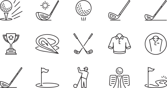 Collection of monochrome outline icons representing various golf equipment and activities for sport and leisure