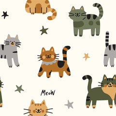 Naklejka premium Cute Hand-Drawn Cat Friends Seamless Background