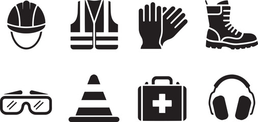 Collection of personal protective equipment icons for construction and industrial safety isolated on transparent background