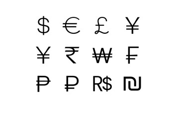 Fototapeta premium Global currencies. Line icon set of Global currencies: dollar sign, euro sign, pound sign, yen sign, yuan sign, rupee sign, won sign, franc
