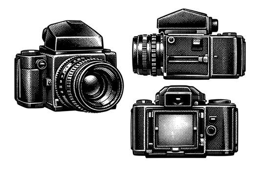 Vintage camera, A medium format film camera body rendered as a single isolated object in three views emphasizing modular construction, prism