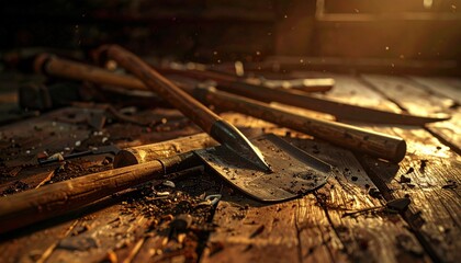 Scattered remnants of simple shovels and picks resting on rough unvarnished wooden ground detailed photo from FlyPro Firefly