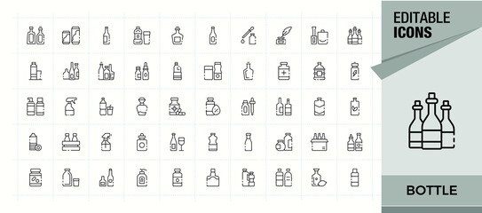 Bottle icon set. Minimalist linear icons. Editable stroke. Wine Bottle icon. Contains such icons as eco, water, container, drink and more. © falconixit
