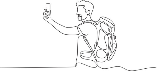 Obraz premium Single one line drawing man making selfie with smartphone. Travel male with backpack taking selfie. Tourism nature backpacking or trekking trip. one line Icon drawing