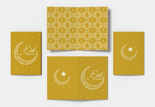 Elegant Gold Eid Mubarak Greeting Card Template with Festive Pattern Layout