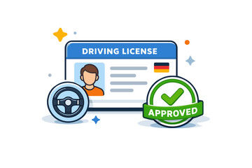 Driving license mockup illustrated as an official card paired with a small steering wheel symbol and approval stamp, emphasizing