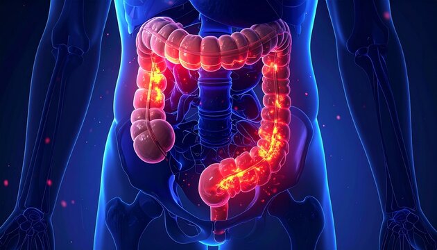 Medical illustration of inflamed large intestine highlighting pathology.