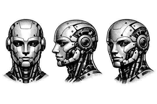 Robot head, humanoid robot head with symmetrical mechanical features, visible joints, and smooth plated surfaces shown from front, side, and