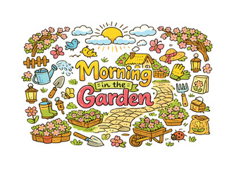 Naklejka premium Garden Morning Illustration. Morning in the Garden. Hand-drawn doodle illustration of Morning in the Garden.