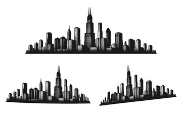 Naklejka premium City horizon skyline silhouette shown as a single architectural outline object displayed in straight-on view, rotated view, and three-quarter