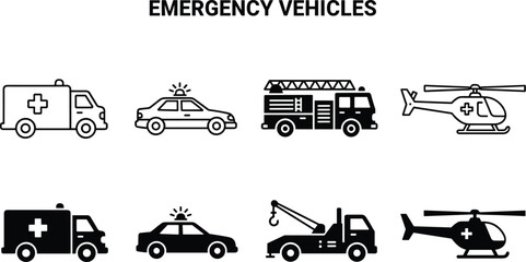 Emergency vehicles icons set featuring ambulance, police car, fire truck, tow truck, medical helicopter in outline and silhouette styles © Lutfun Creatives