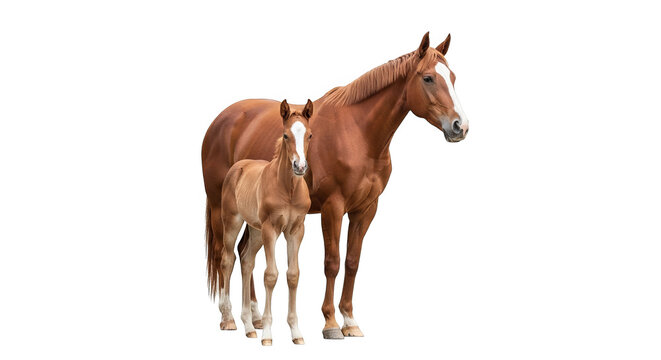 Chestnut Mare And Foal Standing Together On Black Background