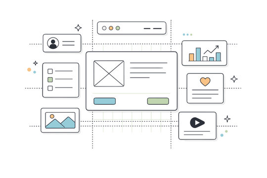 Abstract UX wireframe concept. A central screen surrounded by minimal UI blocks and alignment guides. Visual metaphor for design foundations and user-centered