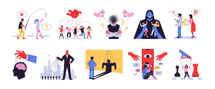 Manipulation and control people. Psychological phenomena, domination method, mental influence, abusing, hand marionettes, puppets bullying and harassment, tidy vector cartoon isolated set
