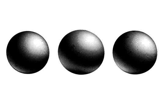 Minimal halftone sphere smooth solid orb, a perfectly round geometric object with subtle surface shading shown as the same sphere from three