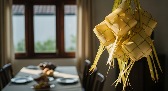 Traditional ketupat hanging in a dining room with a set table near a window