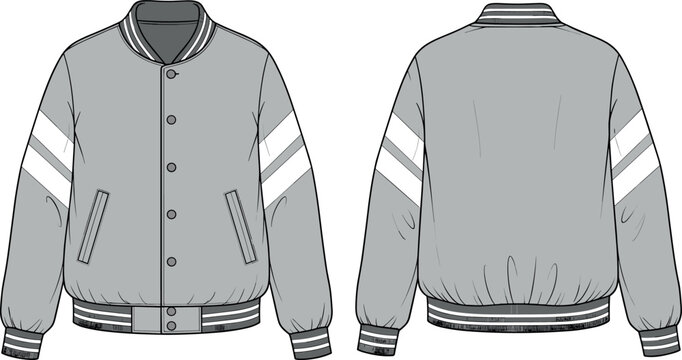 Varsity baseball bomber jacket front and back view technical fashion flat sketch vector illustration template for apparel design tech pack