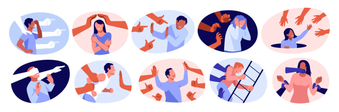 Helping hands. Mental suppression psychology scene, control, abuse, manipulations, providing support, liberating people, arm pointing gesture, victim person tidy vector cartoon isolated set