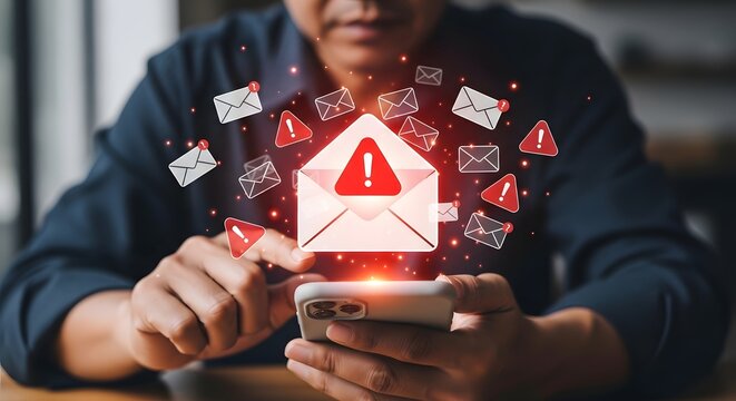 A person holding a smartphone receives multiple alert notifications and emails