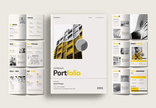 Modern Architecture Portfolio Brochure Layout with Yellow Accent