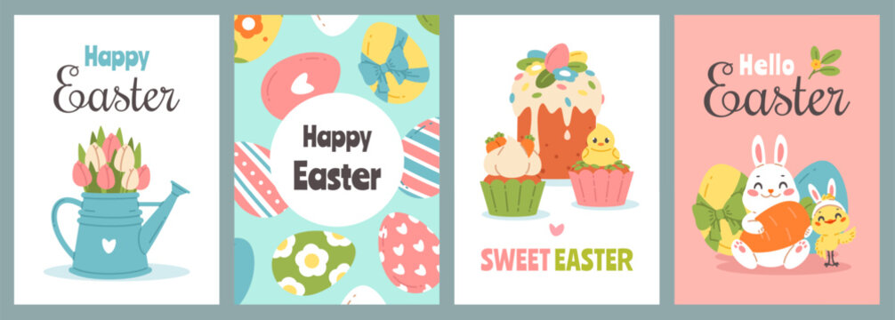 Happy easter cards. Spring holiday funny elements, greeting postcards design, funny bunny, cute chickens and colored eggs, decorations vertical template, classy vector cartoon isolated set