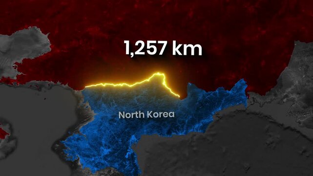 Map Animation the precise border length separating China and North Korea visually
