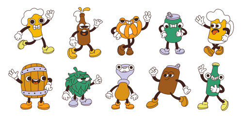 Obraz premium Groovy beer mascots. Cartoon characters, oktoberfest, patrick day elements, alcoholic drink elements, mug with legs and hands, bottle emotions, barrel with cold beverages, garish vector set