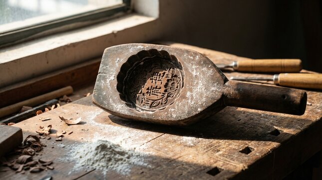 Traditional mooncake mold resting on wooden table by the window for Mid-Autumn Festival  