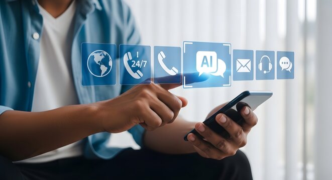 A person using a smartphone with various customer support icons appearing above the screen.