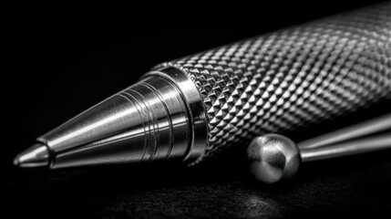 Detailed close up of a silver pen on a dark background
