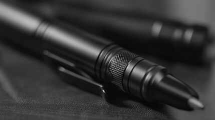 Close up of a black pen on a dark surface with textured detail